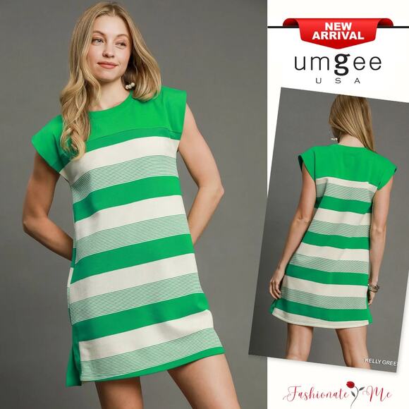 Umgee French Terry Side Slit Round Neck Striped Pattern Mini Dress | Kelly Green - Picture 1 of 6
